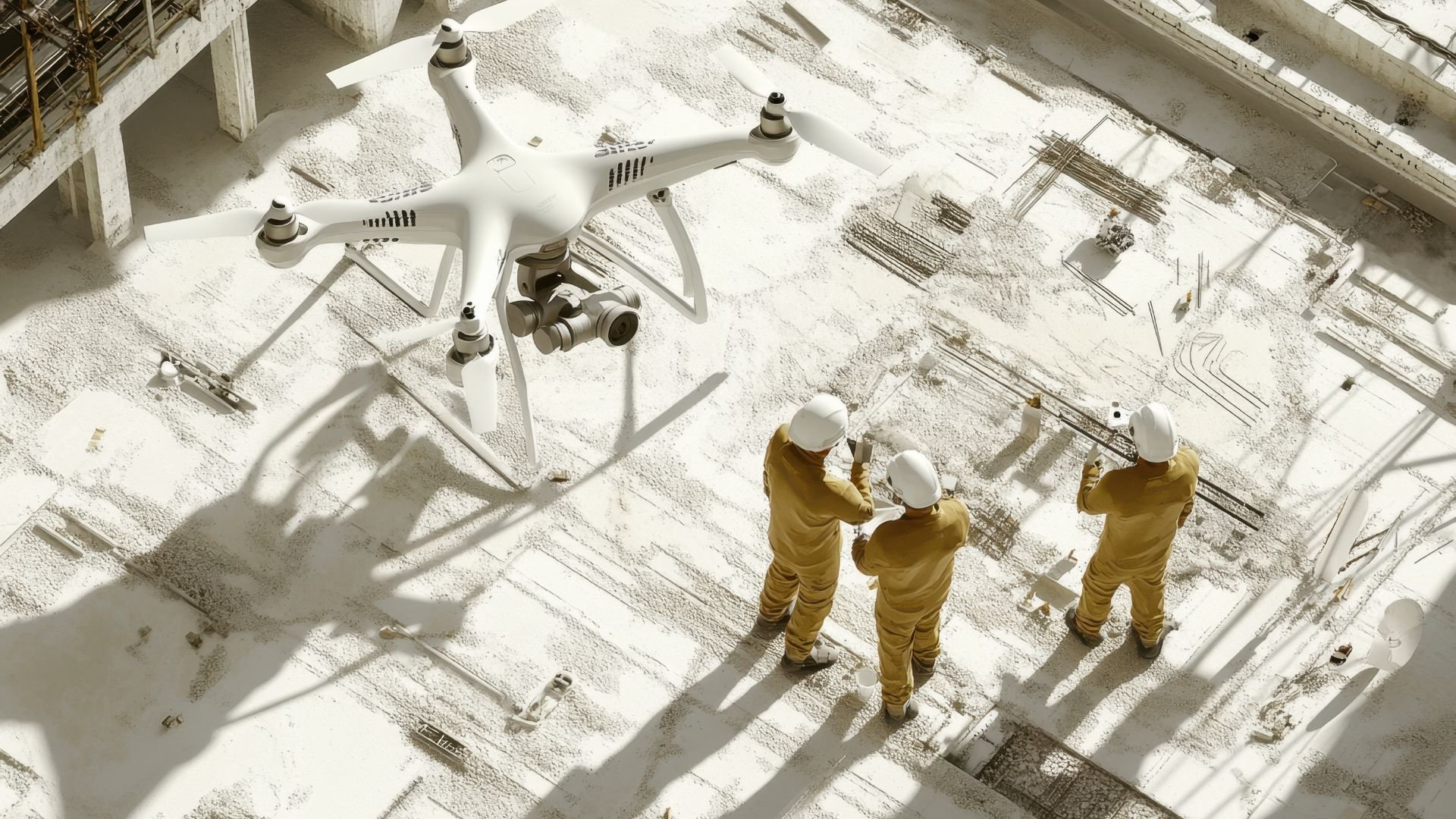 Workers in yellow suits operate drone at construction site with white backdrop