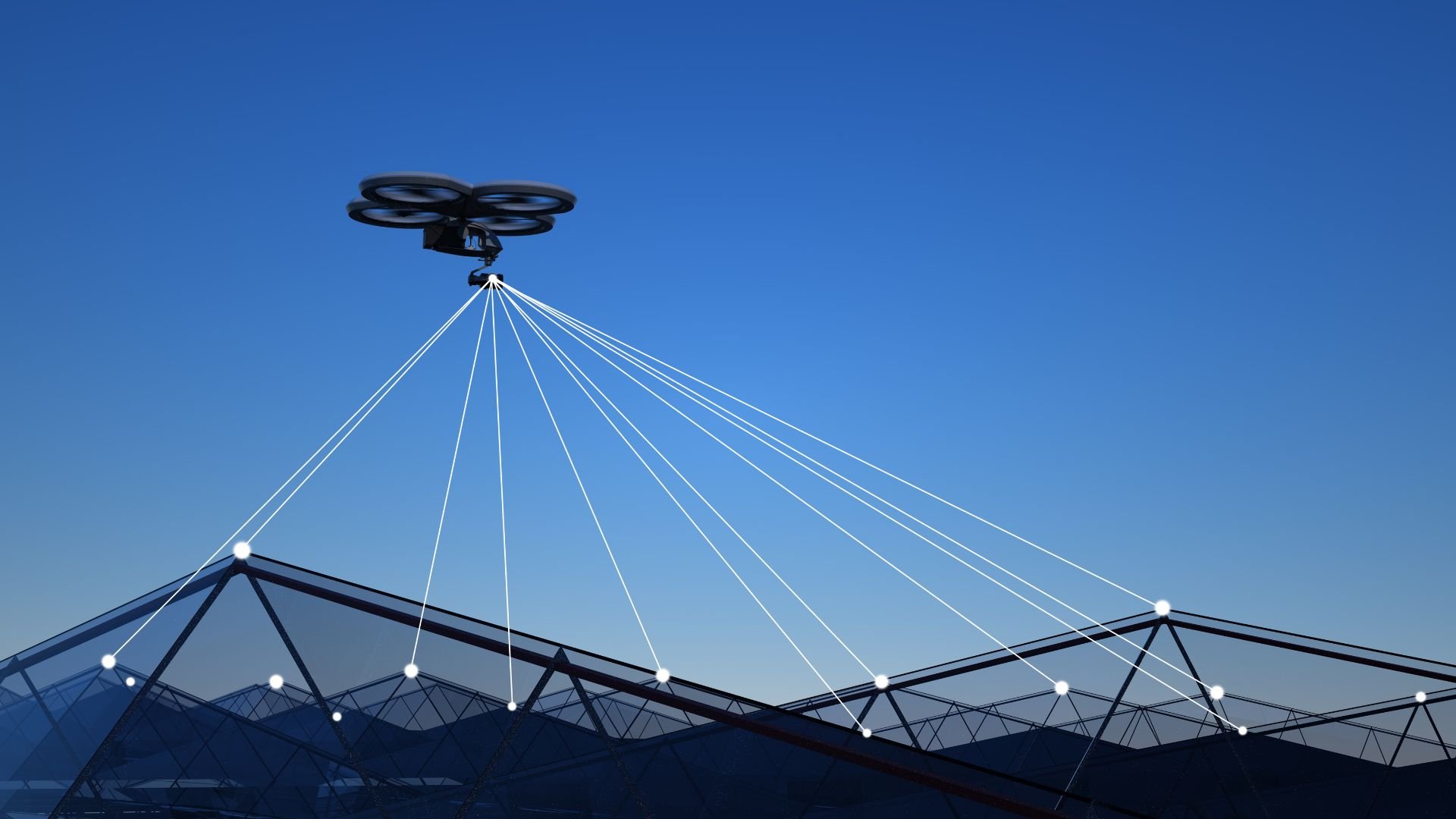Drone hovering over geometric structure, scanning with white connection lines